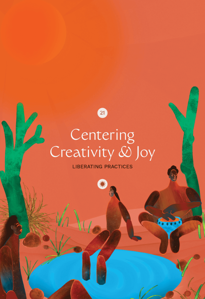 Illustration of an orange background with two cacti framing a desert oasis complete with a blue oasis, sparse vegetation, and three dark-skinned people of different body shapes, one of whom plays a hand drum, soaking up what looks to be the first or last sunlight of the day.